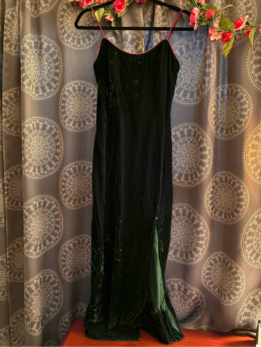 Green Velvet Maxi Slip Dress with Pink Piping